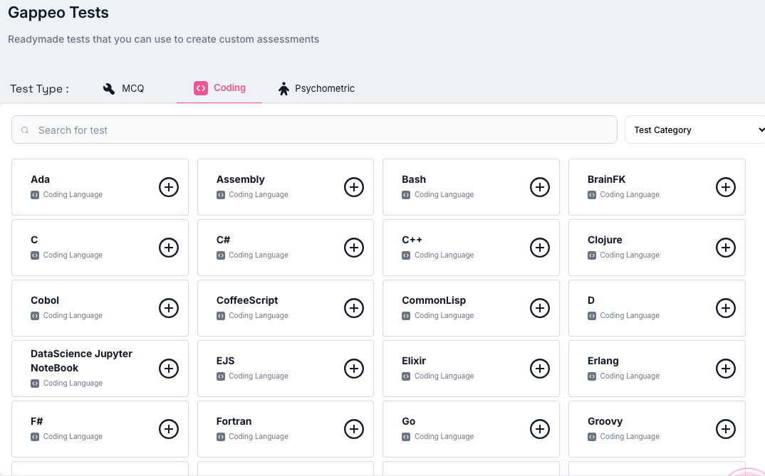 Coding Assessments — Gappeo AI hiring platform screenshot